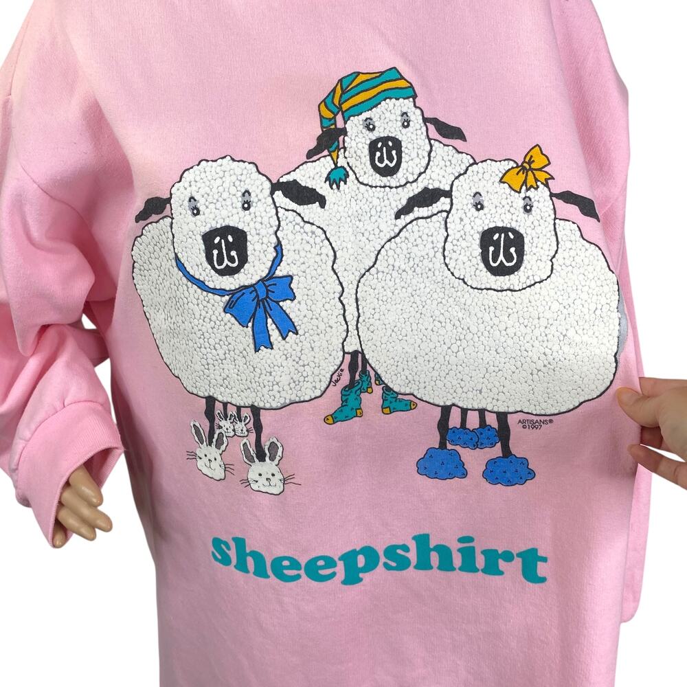 Vintage 1997 Artisans Sheep Shirt Sweatshirt Dress L/XL Pink Grannycore Kitsch - Picture 3 of 11